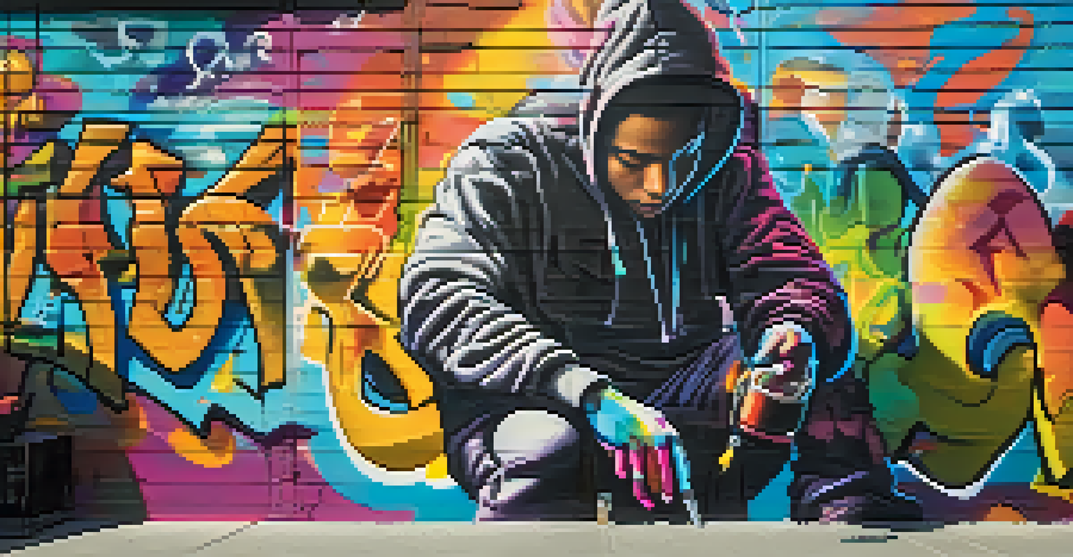 A graffiti artist working on a vibrant wall, surrounded by colorful graffiti and murals in an urban environment.