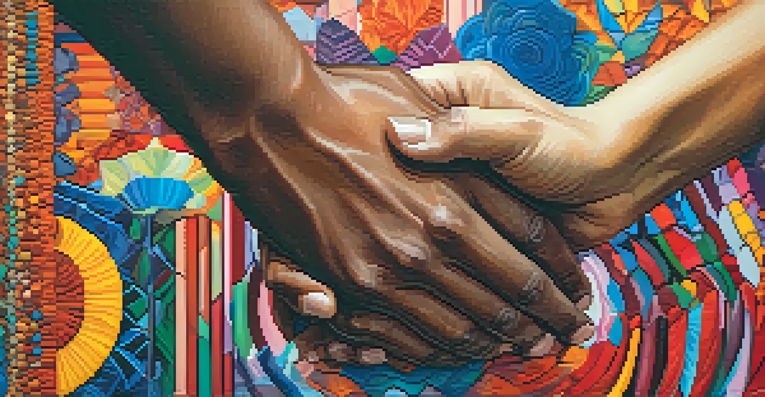 Close-up of hands interacting with a colorful canvas, symbolizing consent and connection in performance art.