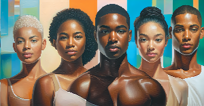 A diverse group of individuals with various body types and skin tones in a close-up portrait, against an abstract background.