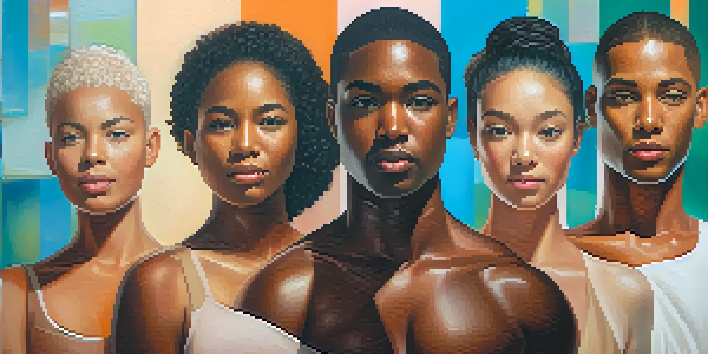 A diverse group of individuals with various body types and skin tones in a close-up portrait, against an abstract background.