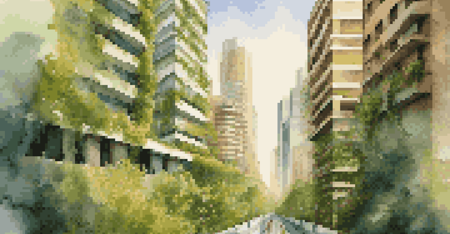 A modern digital collage merging urban architecture with nature, featuring skyscrapers entwined with green vines and flowers during golden hour.