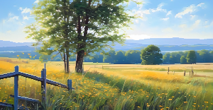 A colorful landscape of a sunlit field with flowers, a wooden fence, and a blue sky, evoking childhood memories.