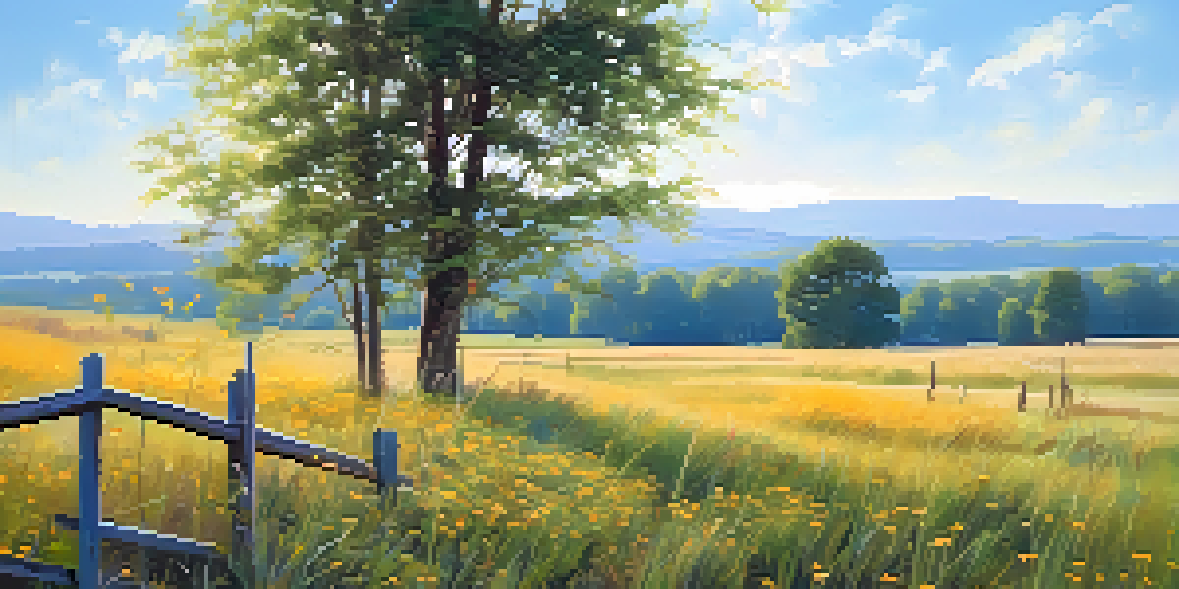 A colorful landscape of a sunlit field with flowers, a wooden fence, and a blue sky, evoking childhood memories.
