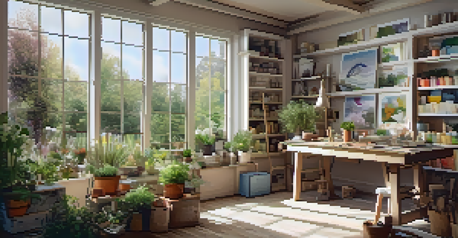 An artist's workspace featuring eco-friendly supplies and a view of a garden through large windows.