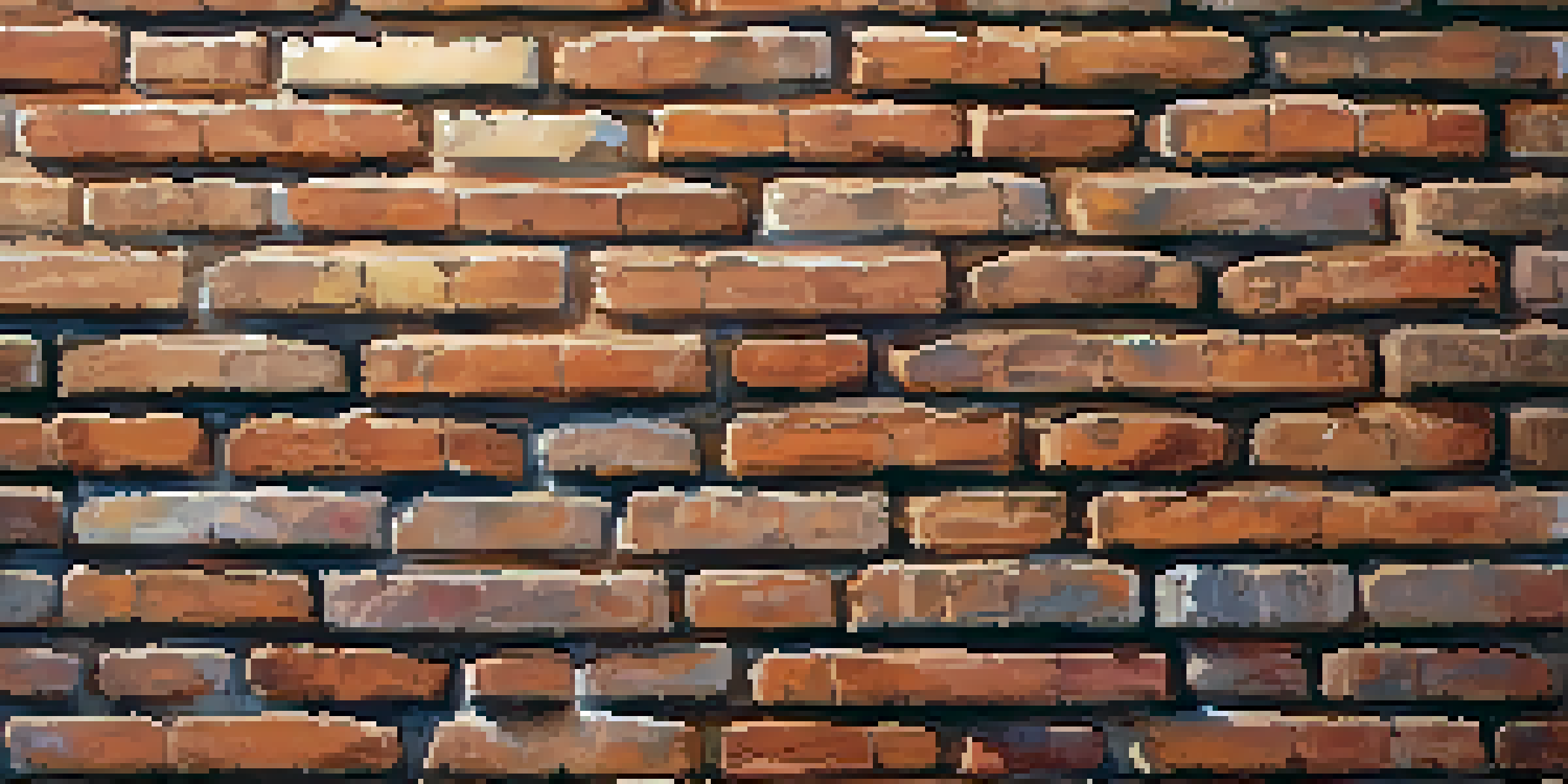 A close-up view of a weathered brick wall, highlighting its textured surface and soft sunlight effects.