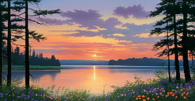 A tranquil sunset landscape with a lake reflecting orange, pink, and purple colors, framed by silhouetted trees and wildflowers in the foreground.