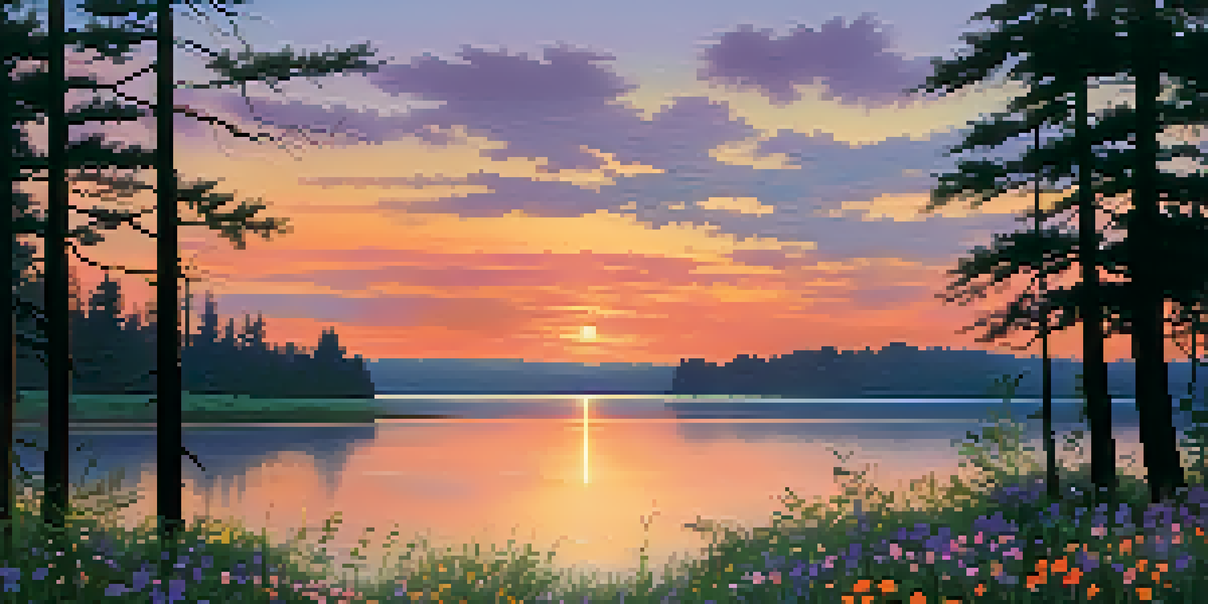 A tranquil sunset landscape with a lake reflecting orange, pink, and purple colors, framed by silhouetted trees and wildflowers in the foreground.
