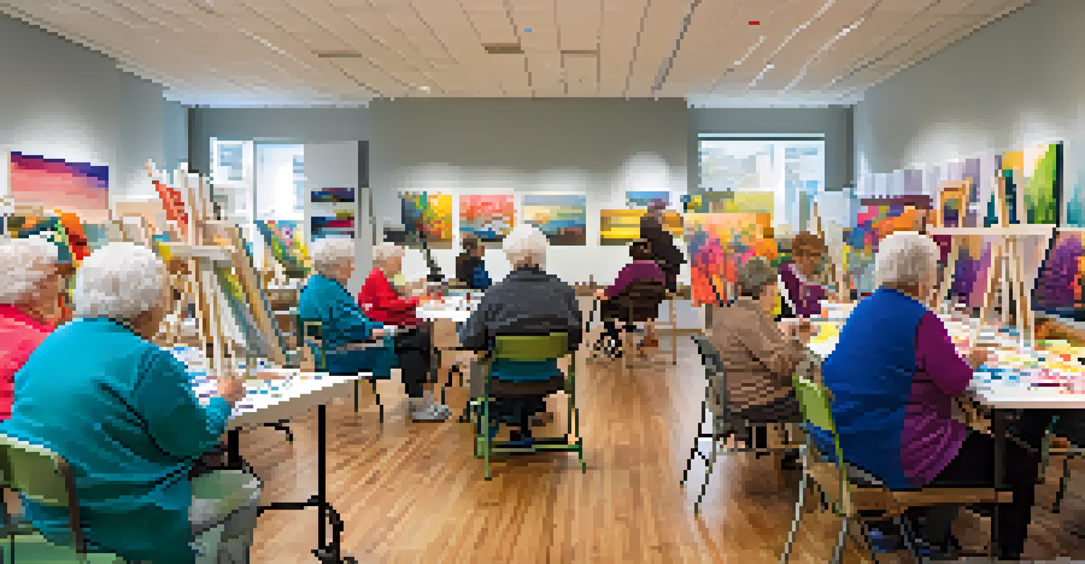 A lively art workshop with seniors painting and a volunteer guiding them.
