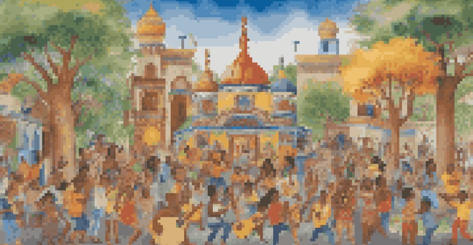 A colorful community mural showcasing people of different backgrounds involved in art, music, and dance, surrounded by a bright outdoor setting.