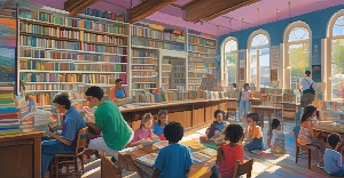 A lively bookstore with children reading graphic novels, surrounded by colorful shelves and warm lighting.