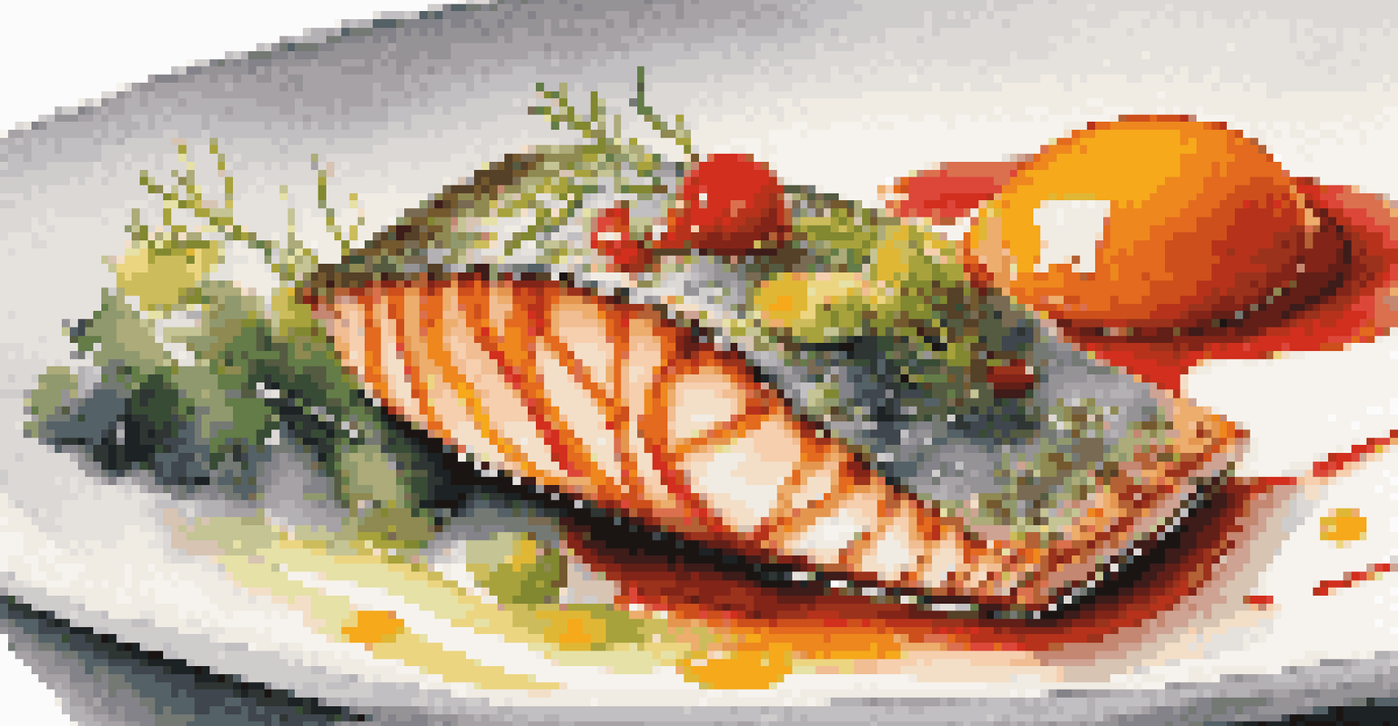 A gourmet dish featuring seared fish and colorful vegetables on a white plate, beautifully arranged with a blurred background.