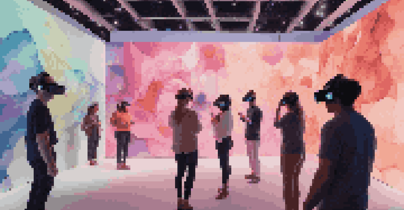 Visitors in a virtual reality art exhibition interacting with colorful 3D sculptures in a glowing environment.