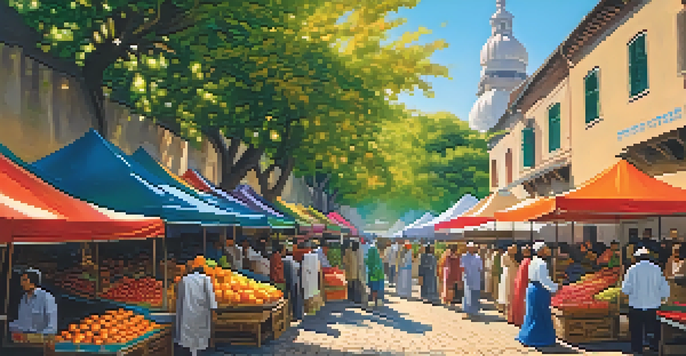 A lively market scene with colorful stalls and diverse people interacting, highlighting cultural diversity.