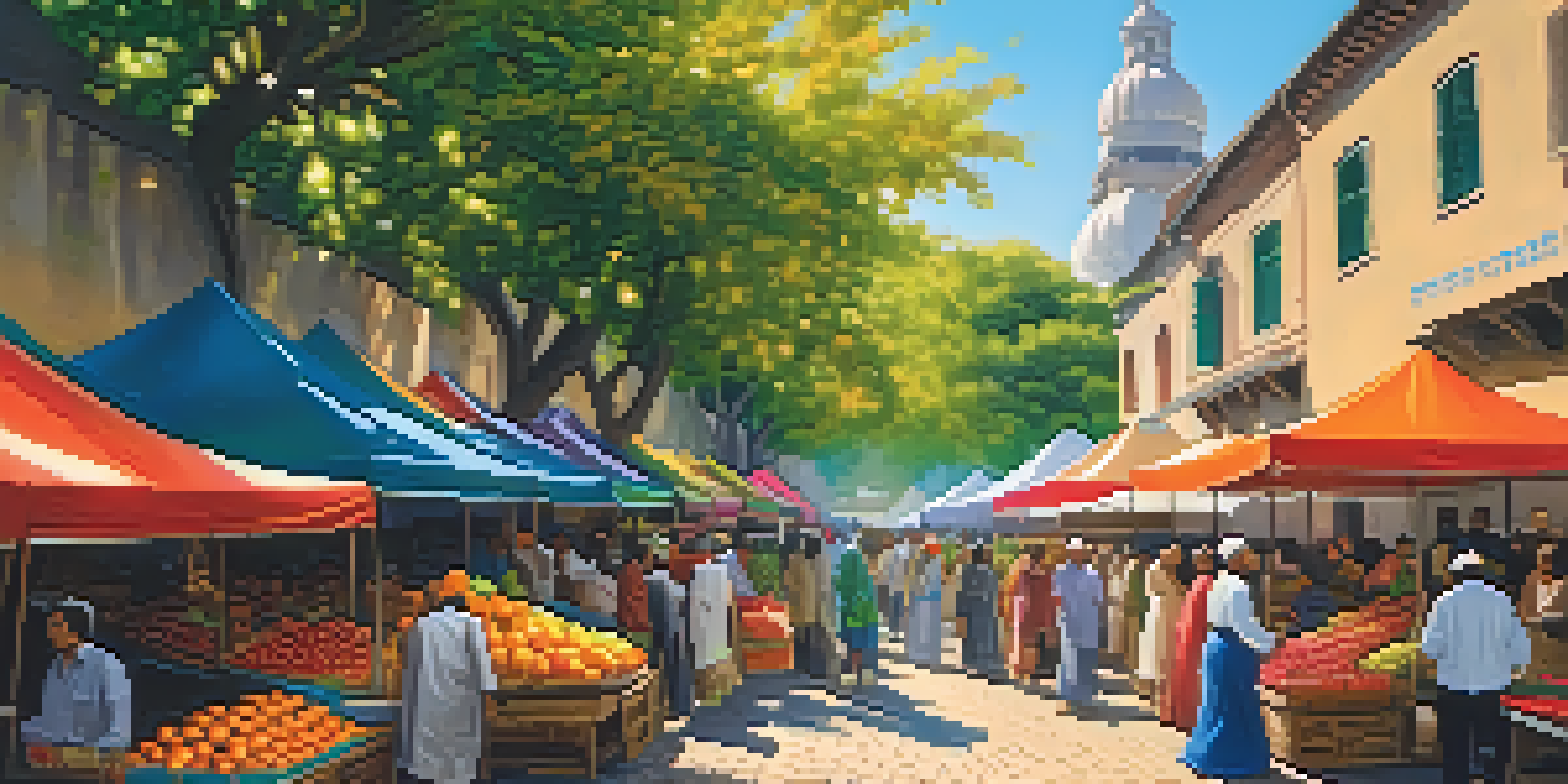 A lively market scene with colorful stalls and diverse people interacting, highlighting cultural diversity.