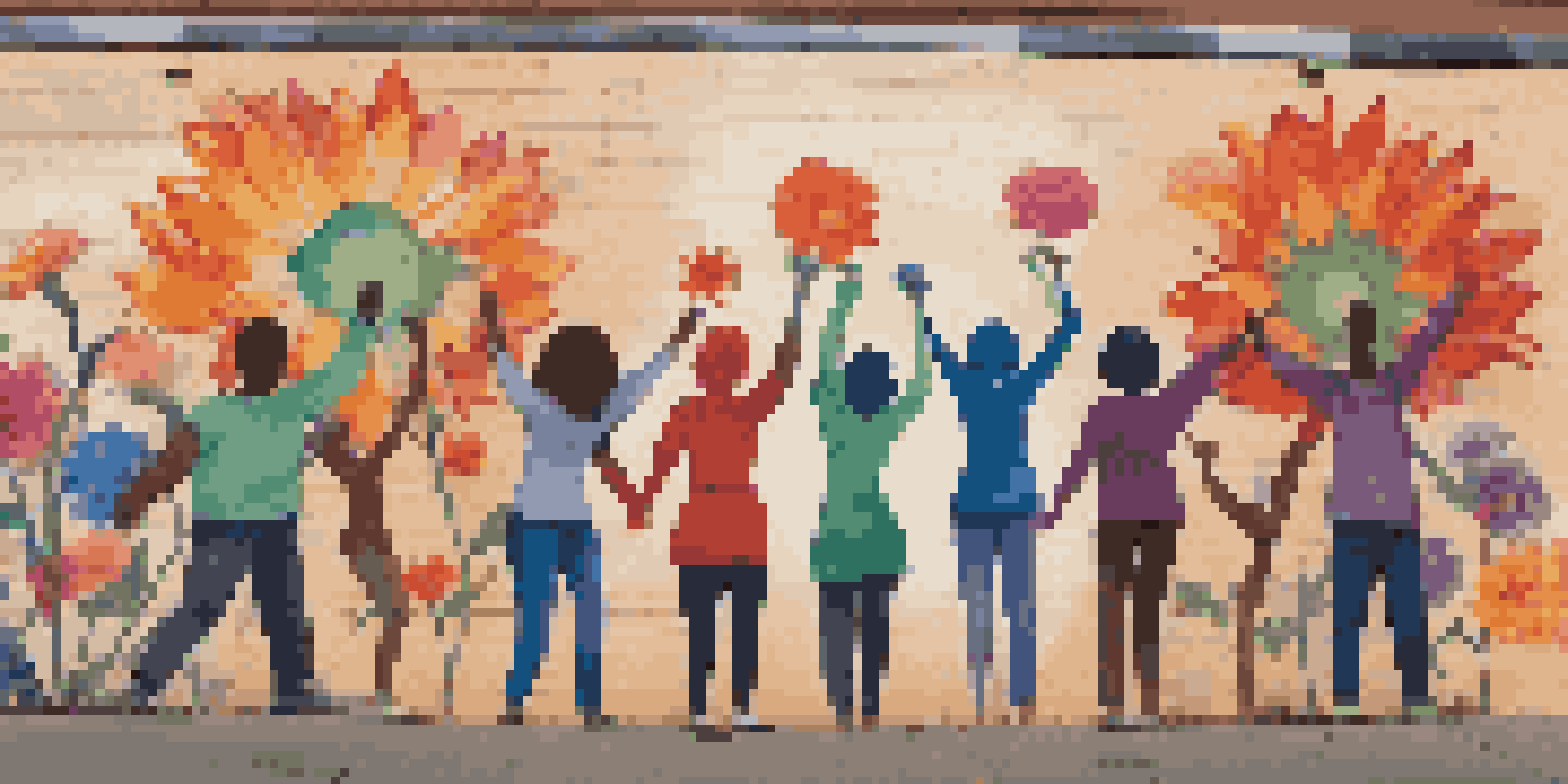 A colorful street mural showing diverse activists holding hands, surrounded by flowers and abstract shapes, symbolizing unity.