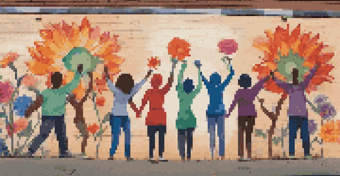 A colorful street mural showing diverse activists holding hands, surrounded by flowers and abstract shapes, symbolizing unity.