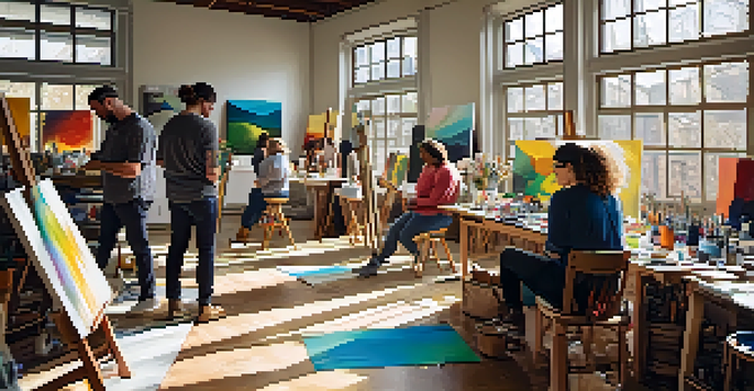 A group of diverse artists collaborating in a bright studio filled with colorful art supplies and ongoing projects.