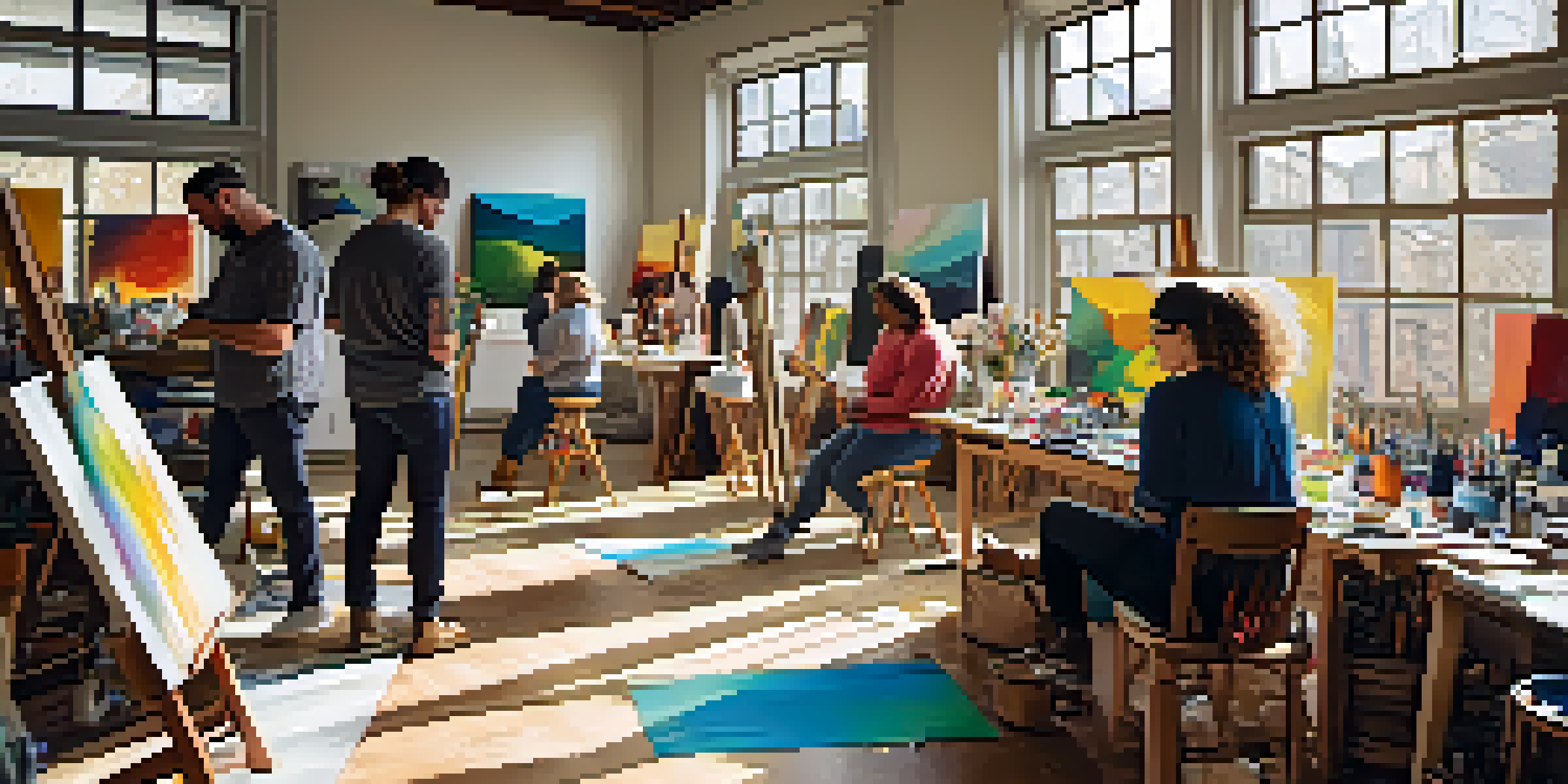 A group of diverse artists collaborating in a bright studio filled with colorful art supplies and ongoing projects.