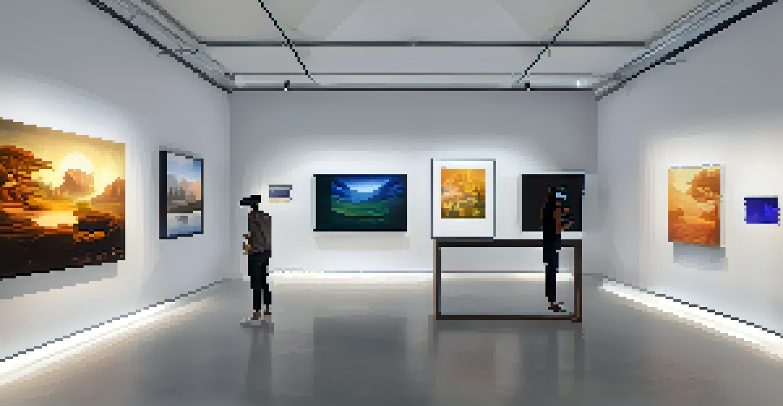 A digital art installation in a gallery where visitors engage with immersive virtual reality artworks that blend cultural narratives with modern themes, set in a softly lit environment.