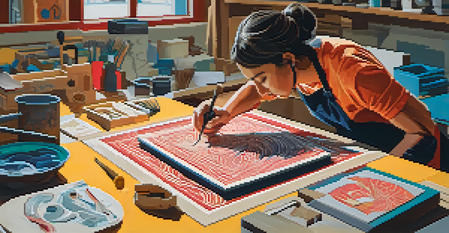 An artist carving a linoleum block for relief printing, with tools and a colorful print visible in the workspace.