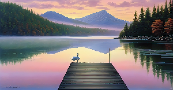 A calm lake at sunrise, surrounded by green mountains and a wooden dock, with mist hovering over the water and a swan gliding.