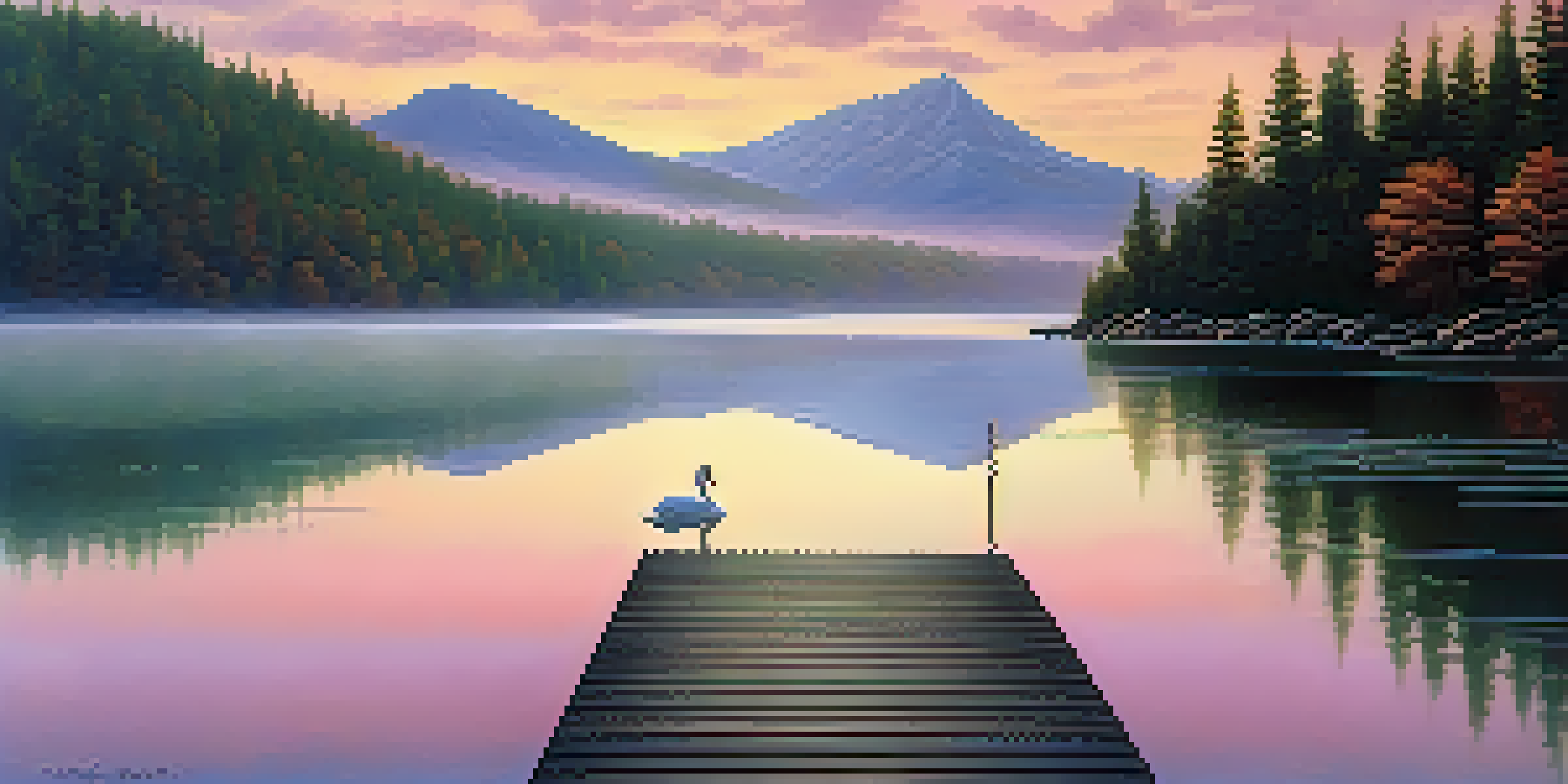 A calm lake at sunrise, surrounded by green mountains and a wooden dock, with mist hovering over the water and a swan gliding.