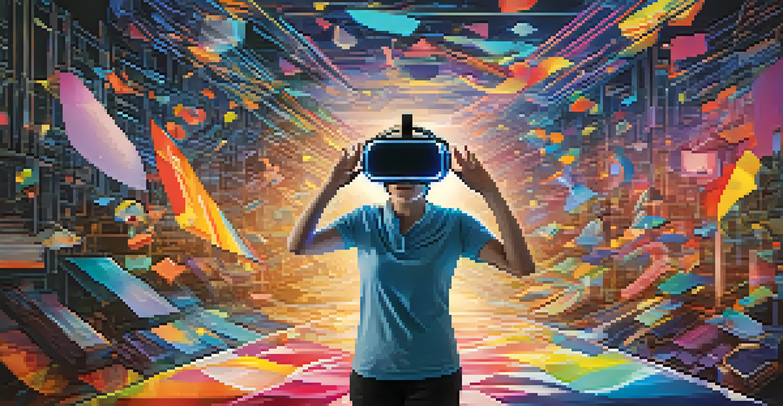 A person wearing a virtual reality headset, surrounded by colorful 3D graphics related to social justice themes, with glowing pathways in the background.