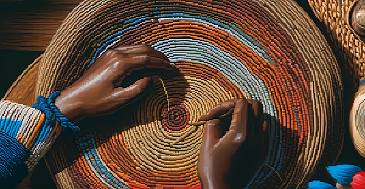 A close-up of hands weaving a traditional basket, showcasing intricate patterns and textures with warm lighting.