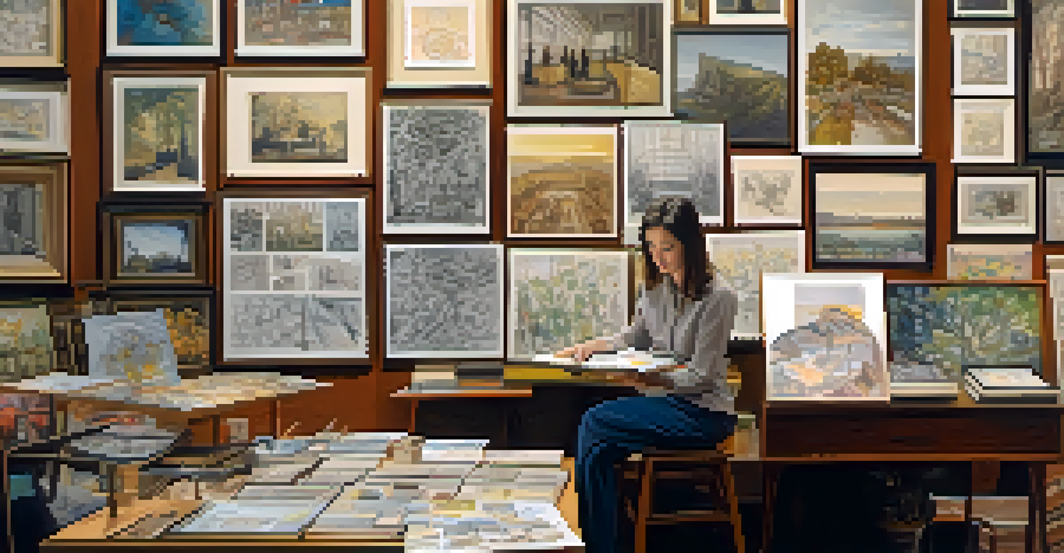 A curator examining artwork in a creative workspace, with paintings and art books around.
