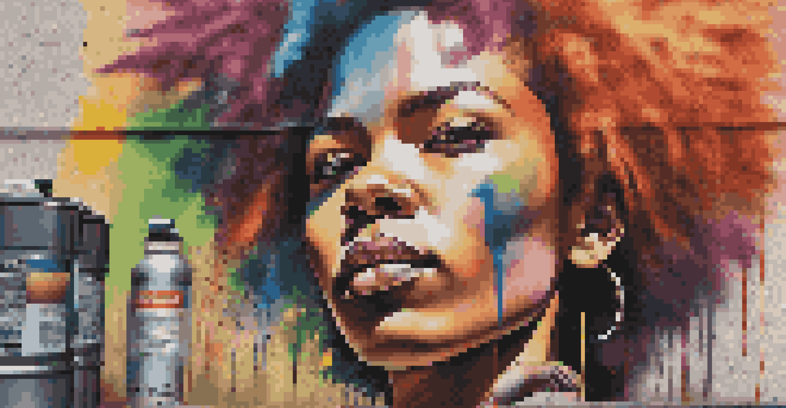 A street artist painting a mural on a concrete wall, highlighting social justice themes, with spray paint cans scattered around.