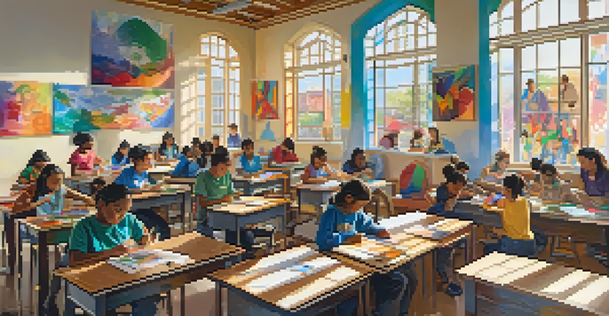 A lively classroom with students of different backgrounds working on art projects, surrounded by colorful artworks and bright sunlight.