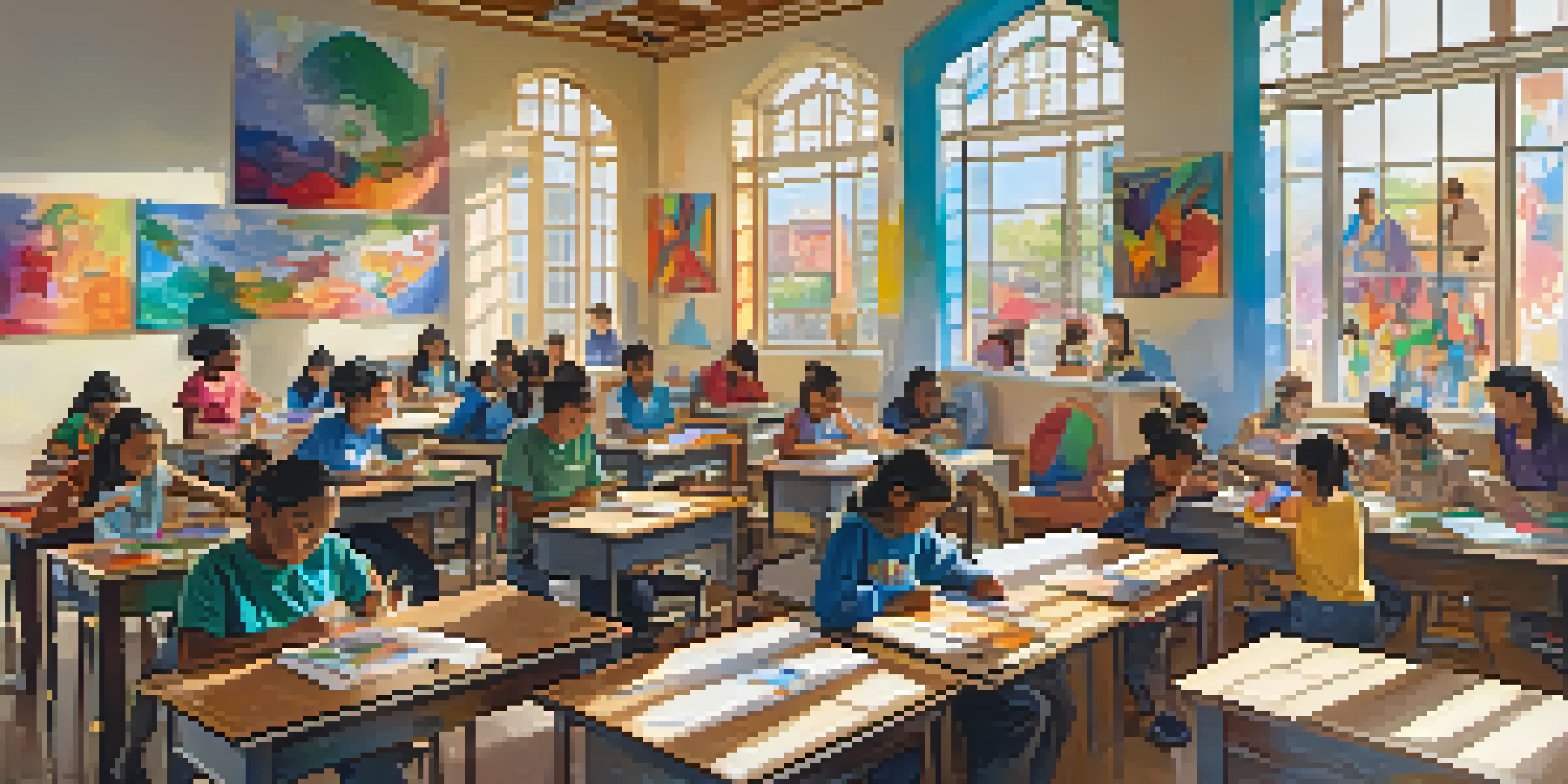 A lively classroom with students of different backgrounds working on art projects, surrounded by colorful artworks and bright sunlight.