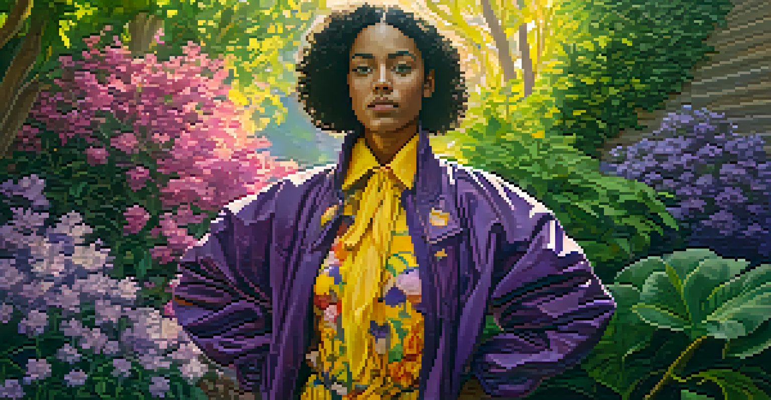 A non-binary person in a colorful garment standing in a garden, surrounded by flowers, with sunlight creating a serene atmosphere.
