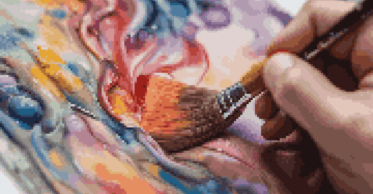 A close-up of a hand painting a colorful abstract artwork with a focused expression.