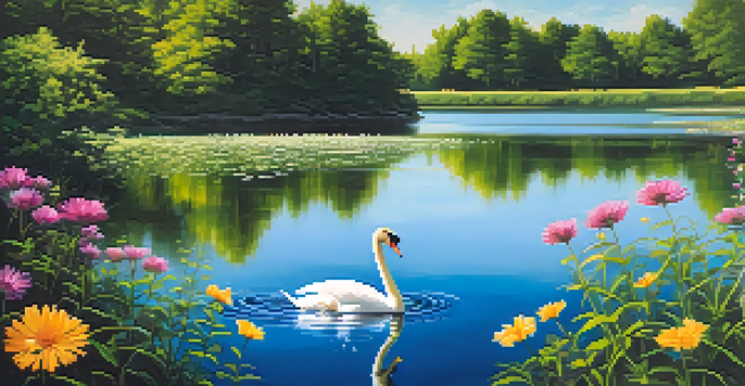 A tranquil lake surrounded by green forests and blooming wildflowers, with a swan gliding on the water under a blue sky.