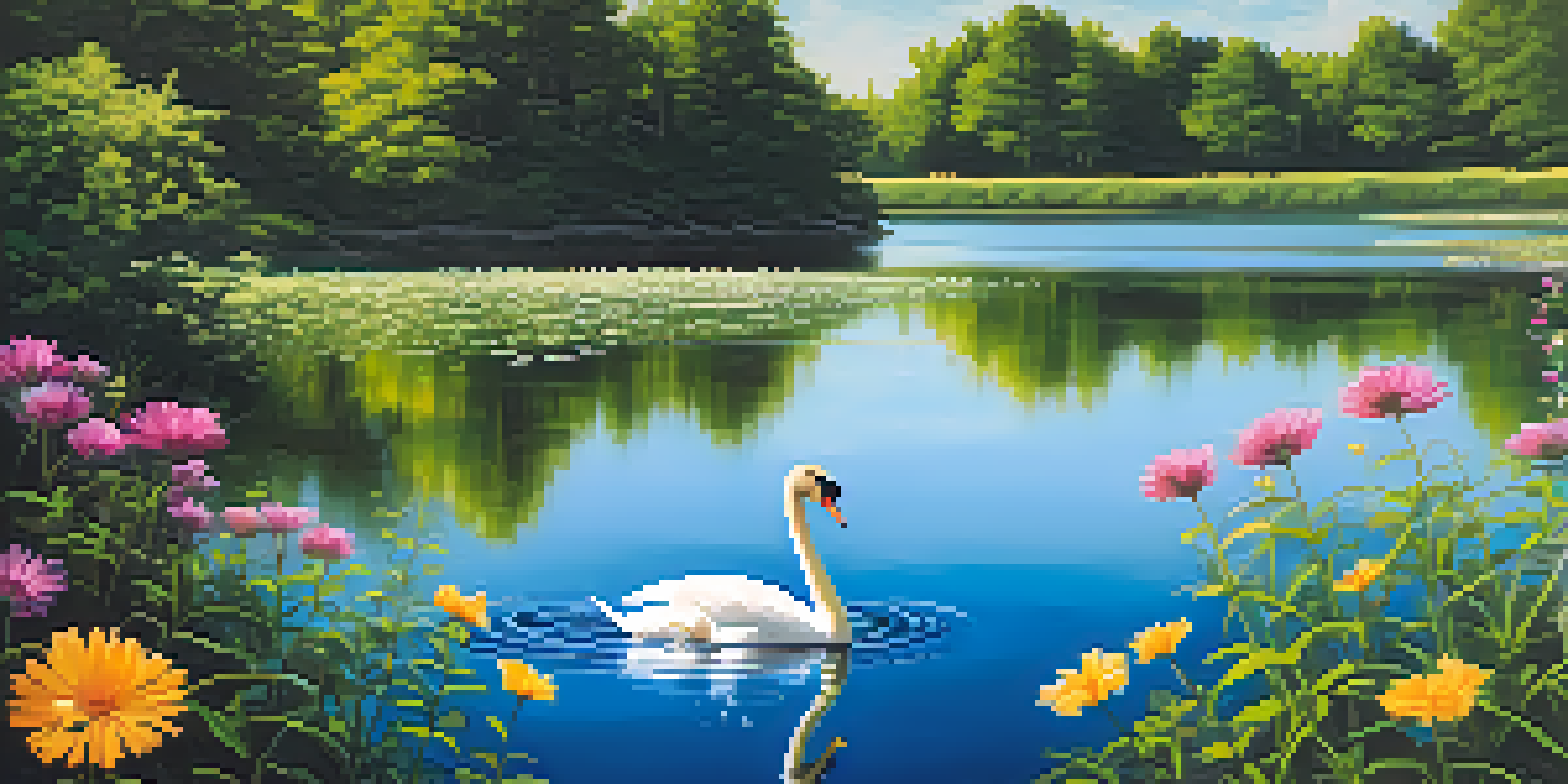 A tranquil lake surrounded by green forests and blooming wildflowers, with a swan gliding on the water under a blue sky.