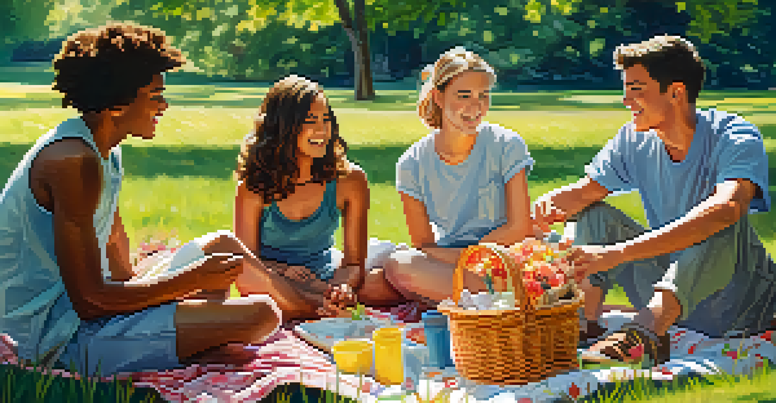 A diverse group of young people having a discussion in a sunny park, surrounded by nature, with art supplies and a picnic basket.