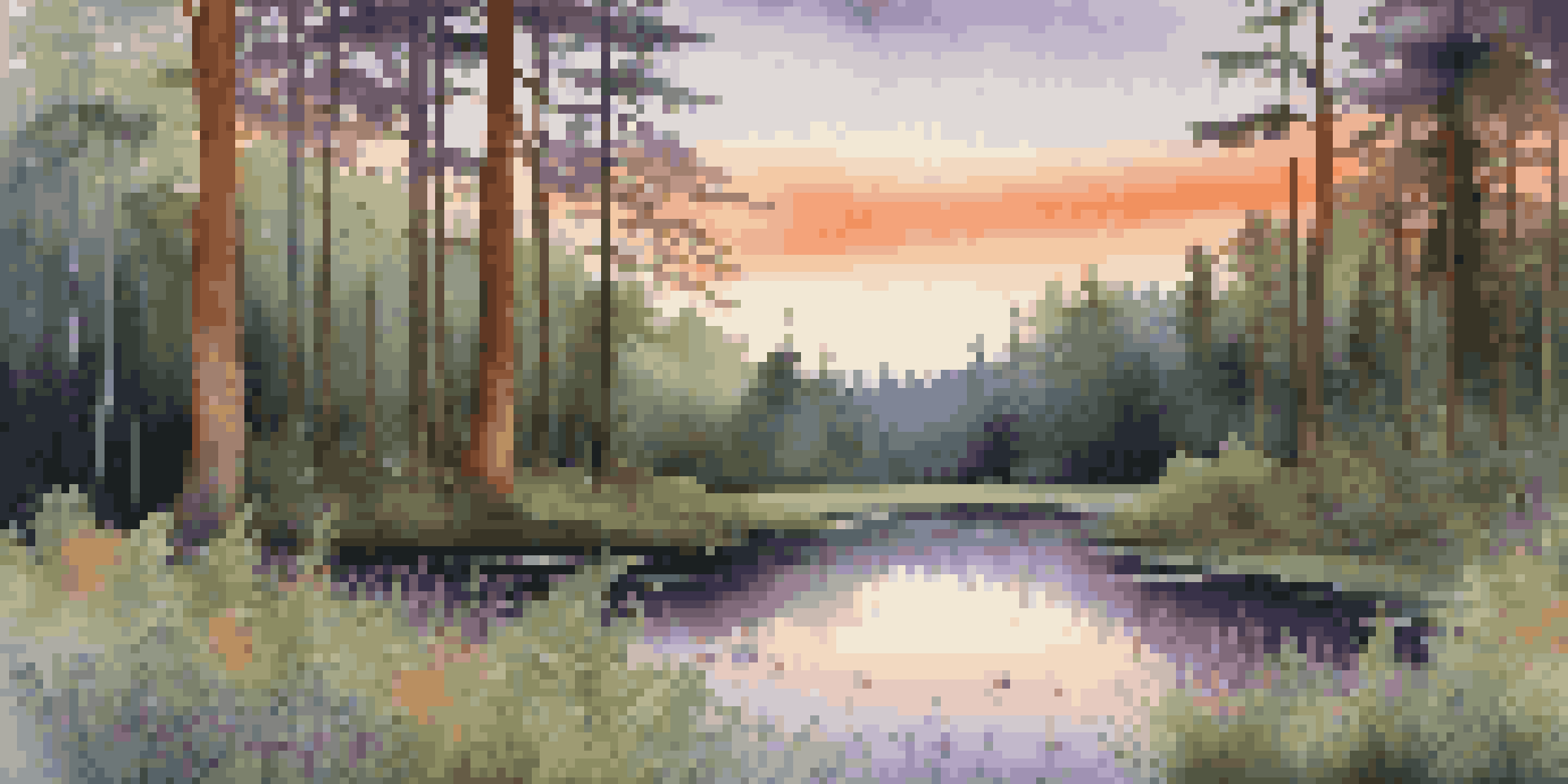 A tranquil forest at dusk with light filtering through trees and a reflective pond surrounded by ferns and wildflowers.