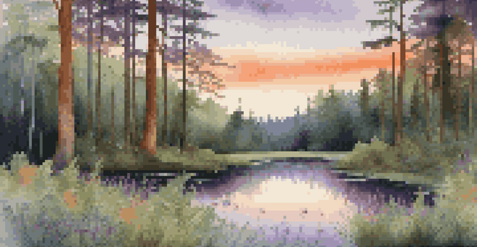 A tranquil forest at dusk with light filtering through trees and a reflective pond surrounded by ferns and wildflowers.