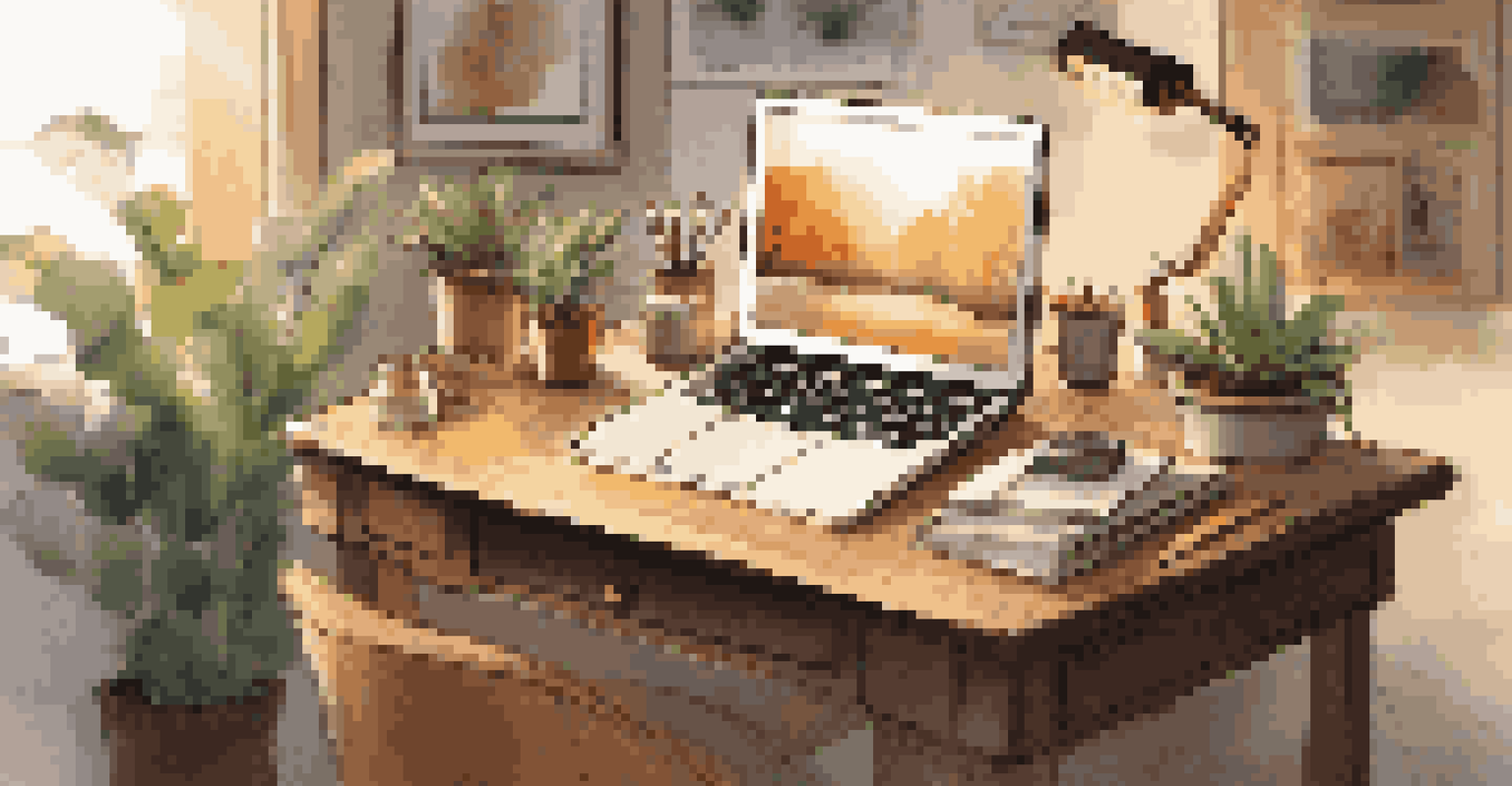 A warm and inviting digital workspace with art supplies, a laptop displaying digital art, and a cozy chair, all bathed in soft lighting.