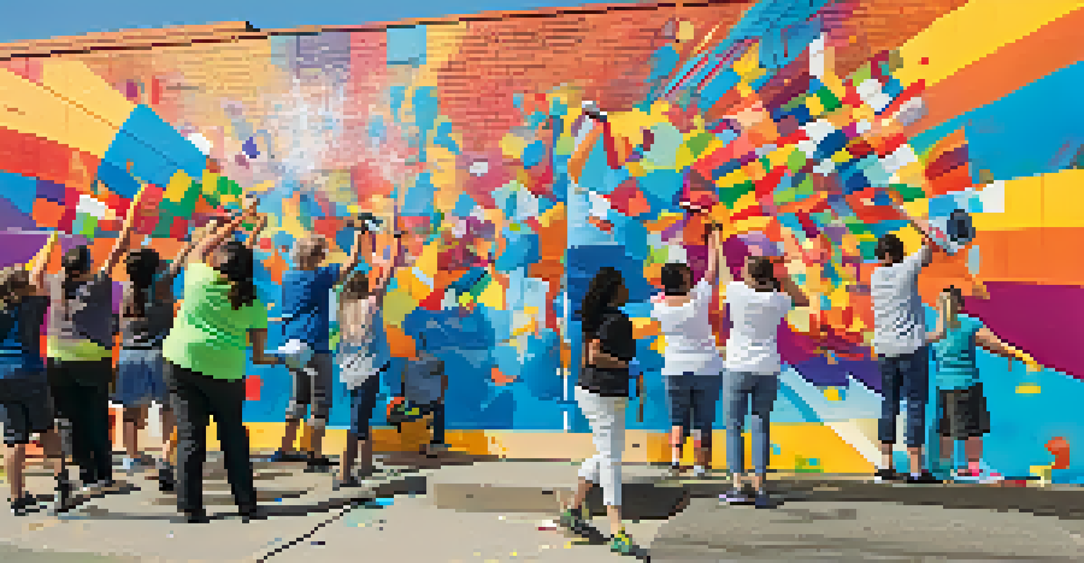 A group of diverse people collaboratively painting a colorful mural to raise mental health awareness.