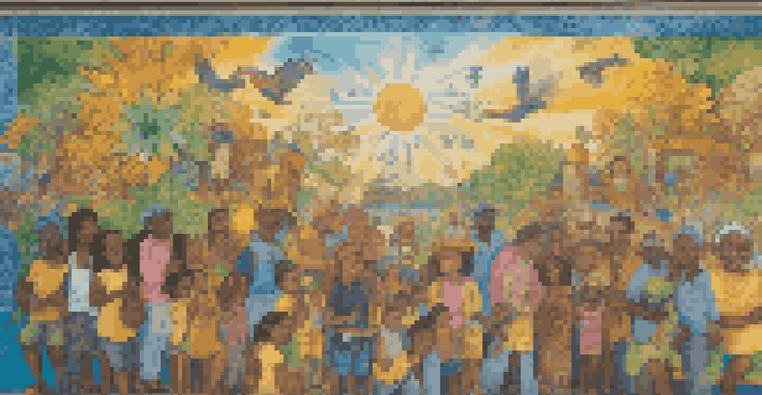 A colorful mural showing a group of diverse people collaborating, filled with cultural symbols and bright colors under warm sunlight.