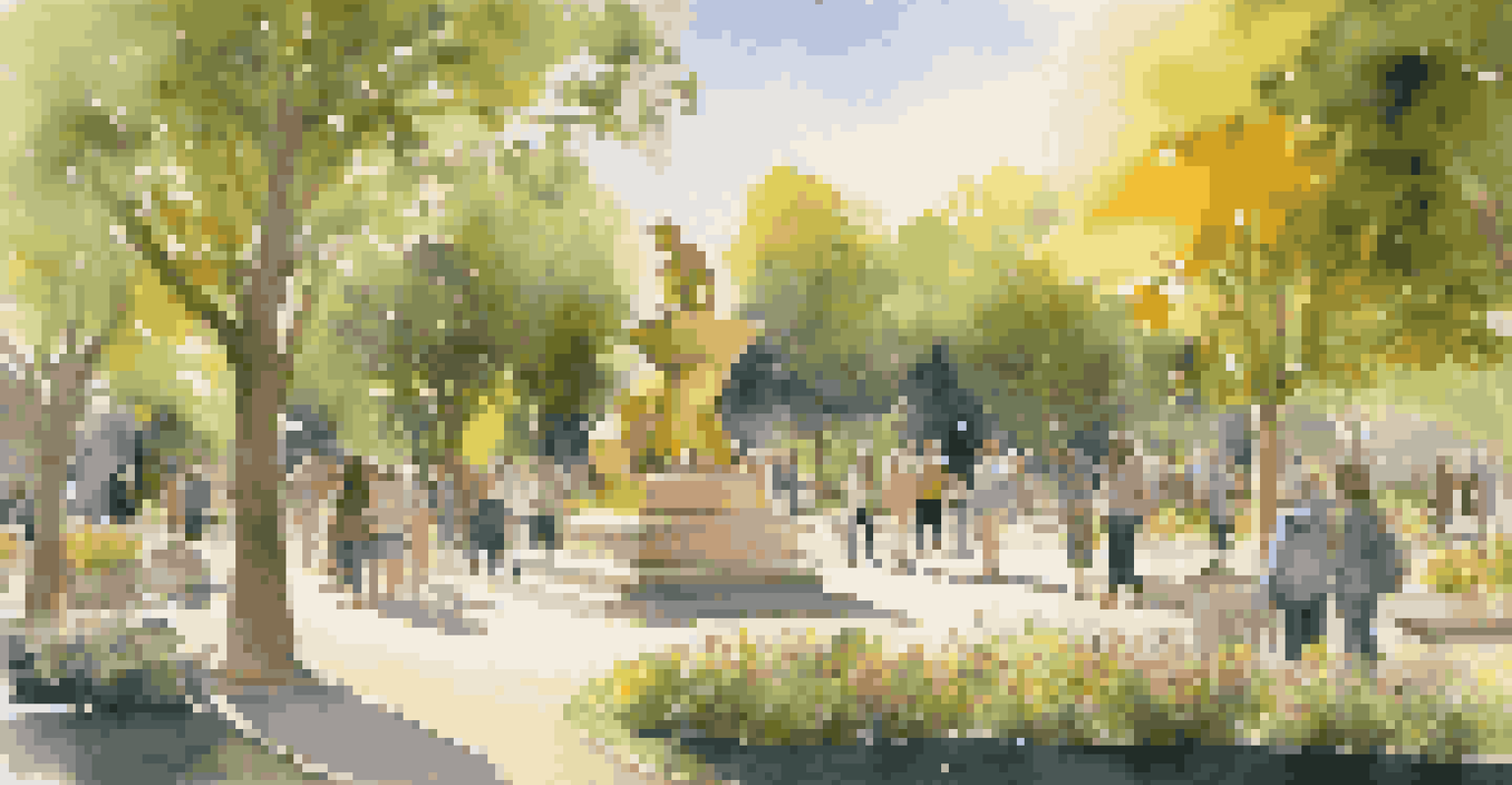 A public park with an outdoor art installation showcasing cultural heritage, with people exploring the sculptures under the warm afternoon sun.