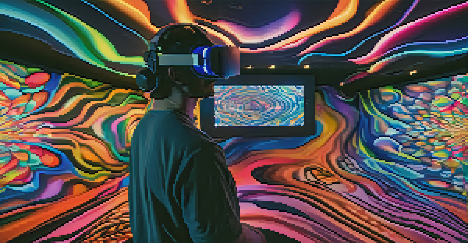 A person in a dark room wearing a VR headset, surrounded by bright swirling colors and digital patterns, captivated by the virtual reality experience.