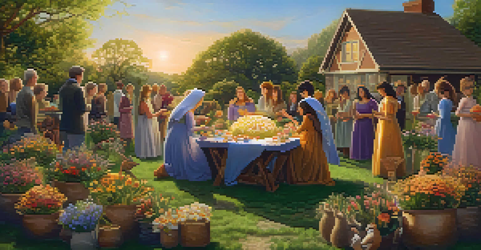 A serene Ostara celebration scene with decorated wreaths, colorful eggs, and people planting seeds in a vibrant spring setting.