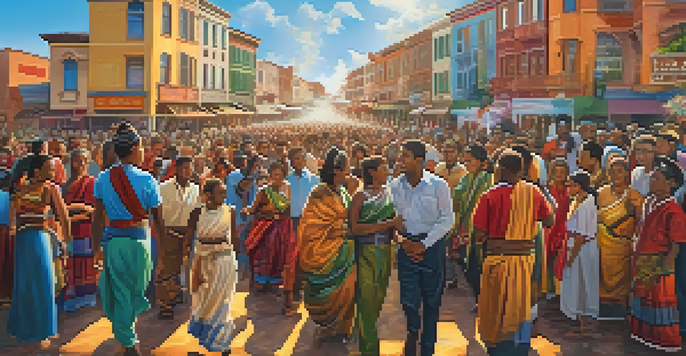 A colorful mural illustrating a historical event with community members celebrating, showcasing vibrant colors and intricate details under warm sunlight.