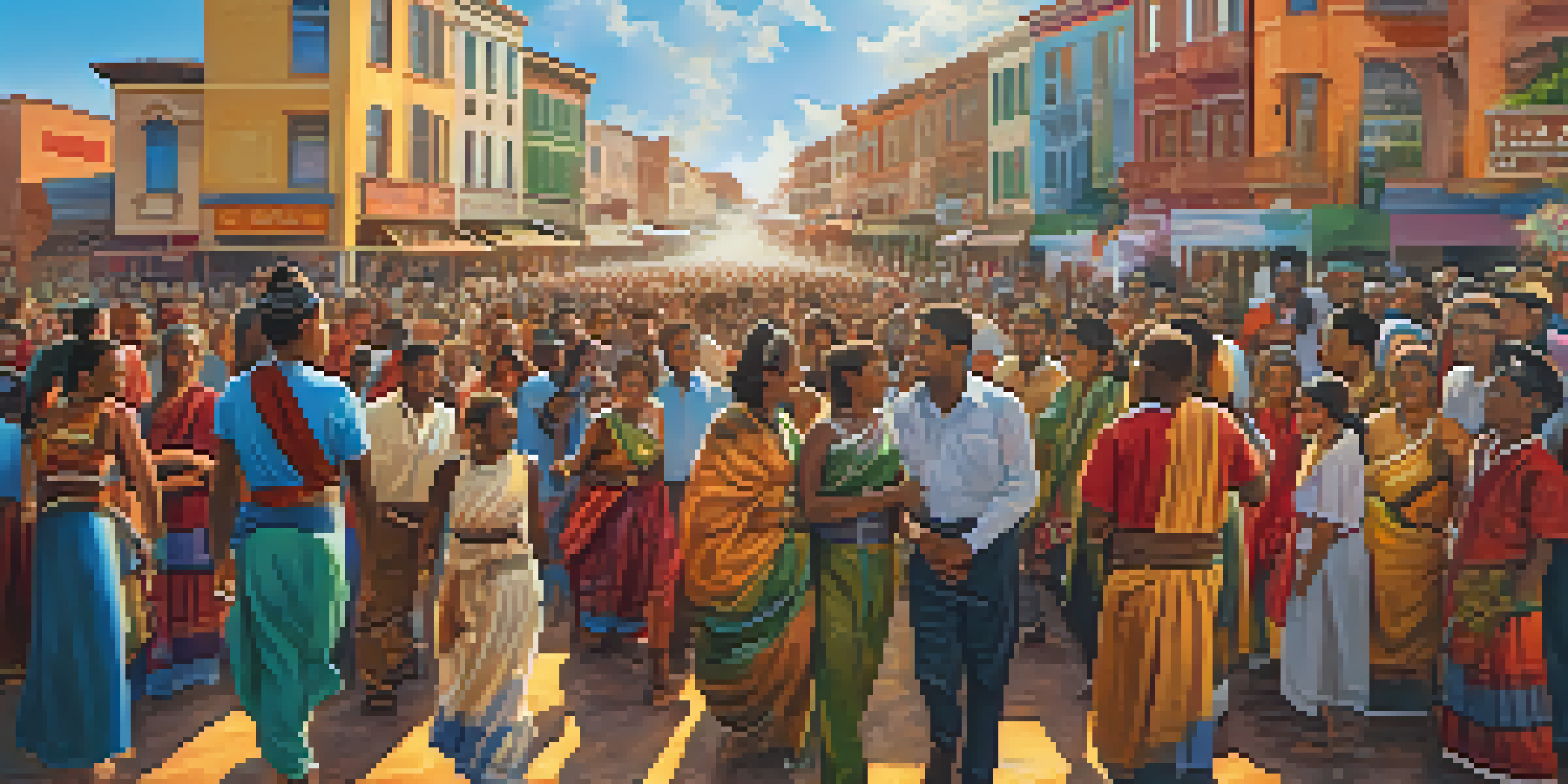 A colorful mural illustrating a historical event with community members celebrating, showcasing vibrant colors and intricate details under warm sunlight.