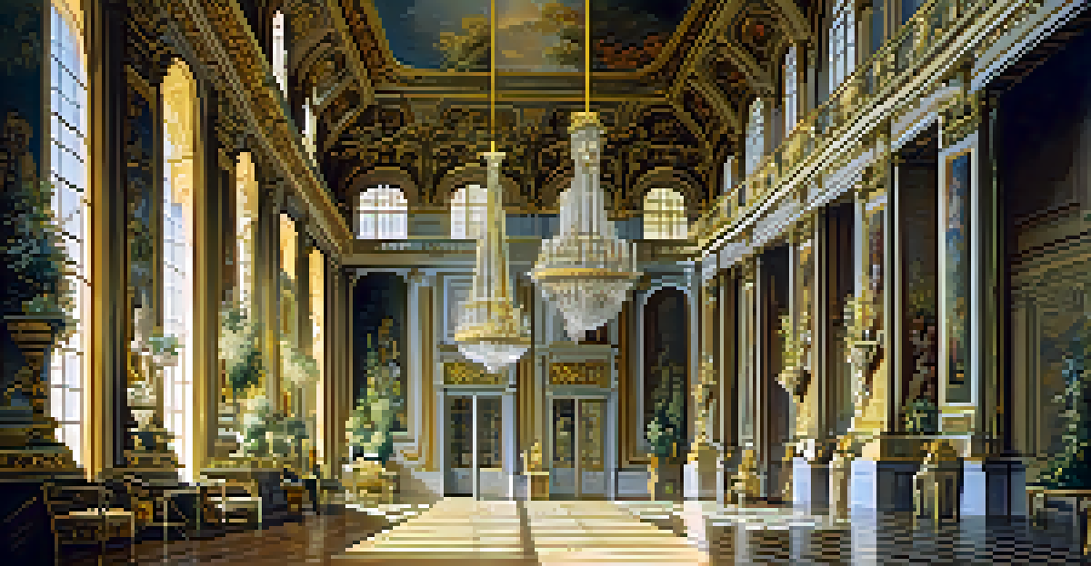 The interior of the Palace of Versailles, showcasing a grand staircase with ornate decorations and chandeliers, with natural light illuminating the walls and ceilings.
