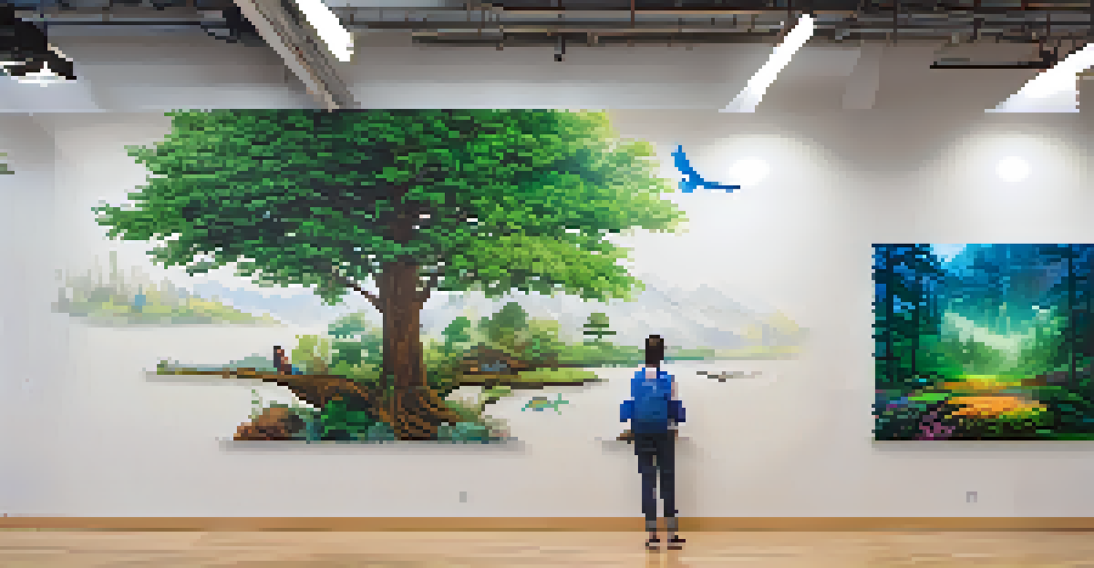 A digital mural created by a team of artists and coders, showcasing vibrant imagery that changes with viewer input, highlighting collaboration.