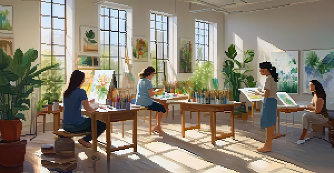A bright art therapy studio with people painting, surrounded by plants and natural light, creating a sense of community.